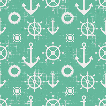 Vector seamless pattern Steering wheel, life preserver, anchor, Creative geometric vintage backgrounds, nautical theme Graphic illustration with attrition, cracks and ambrosia