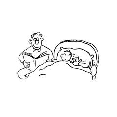 Cute little daughter and her father reading fairy tales for Happy Father's Day celebration.. outlined cartoon handrawn sketch illustration vector.