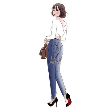 Beautiful Asian Girl with Short Brunette Hair Wearing White Shirt, Jeans, and Black Heels