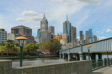 MELBOURNE, AUSTRALIA - March 15, 2017: View from Southbank promenade across the Yarra River towards Flinders Street
