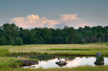 Tranquil Pond with Sculptural Rocks and Golden Meadow at Sundown in the Catskills of the Hudson Valley in Upstate NY.