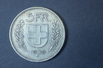  Five swiss francs 1939 Helvetica Silver tail coin, vintage antique old, difficult and rare to find.