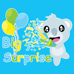 Cute koala brings confetti popper vector cartoon, Birthday postcard, wallpaper, and greeting card, T-shirt design for kids