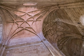 Interior of Cathedral of the incarnation, detail of vault formed by pointed arches, unique nature of fortress built in the 16th century, placed in Almeria, Andalusia, Spain