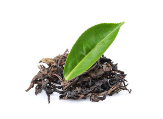 Tea dry and fresh green tea leaves isolated on white background