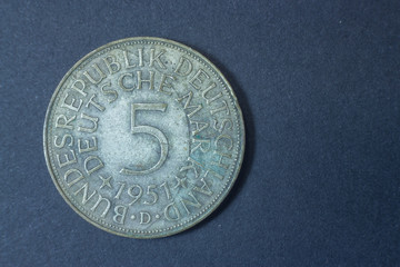 Five german marks Bundesadler 1951 tail coin, vintage antique old, difficult and rare to find.