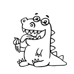 Cute dragon licks plombir. Vector illustration.