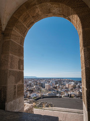 Medieval moorish fortress Alcazaba in Almeria, Eastern tip is the bastion of the outgoing, Almohade Arch of South Tower, overview of the city, take in Almeria, Spain
