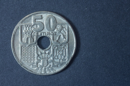 Spain fifty Centimos 1949 tail coin, vintage antique old, difficult and rare to find.