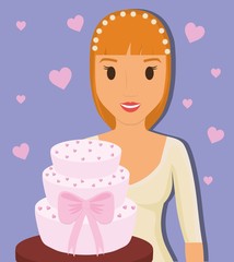 beautiful bride with wedding cake, cartoon icon over purple background. colorful design. vector illustration