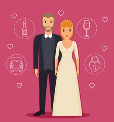 just married couple with wedding related icons around over pink background. colorful design. vector illustration