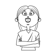 cartoon girl long hair standing with arms folded vector illustration