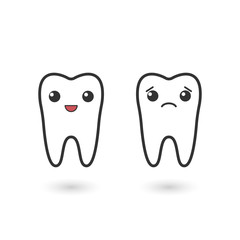 two vector tooth emoton isolated on white background.  Character template. Element for your design. Sad and glad