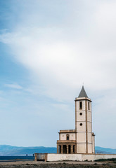 San Miguel Beach and Salinas church, take in Cabo de gata, Almeria, Andalusia, Spain