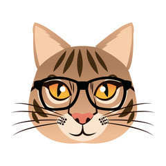 Hand drawn portrait of Cat with glasses and bow tie. Vector isolated elements.