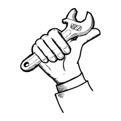 man hand with tool repair hand drawn, vector illustration