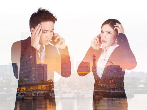 double exposure of worried businessman and businesswoman talking on smartphone with city background - Powered by Adobe