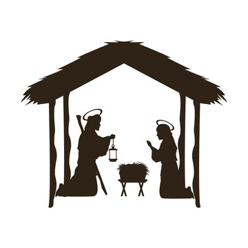 christmas christian scene with baby Jesus in the manger in silhouette vector illustration
