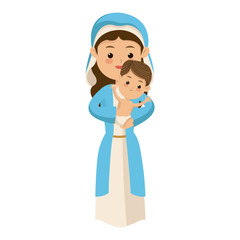 cute virgin mary holding baby jesus cartoon vector illustration
