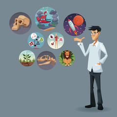 realistic color poster scientist with icons world evolution vector illustration