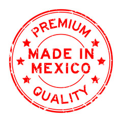 Grunge red premium quality made in Mexico round rubber seal stamp on white background