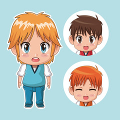 blue color set cute anime tennagers with several facial expressions vector illustration