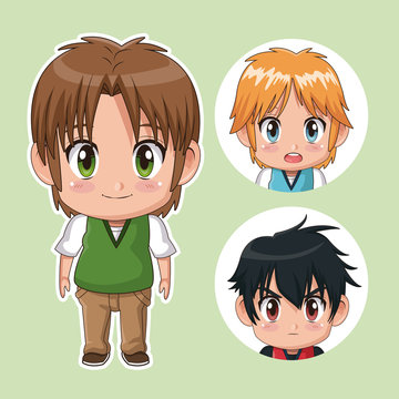 green color set cute anime tennagers with facial expressions vector illustration