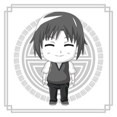 monochrome background japanese symbol with silhouette cute anime tennager facial expression smile with eyes closed vector illustration