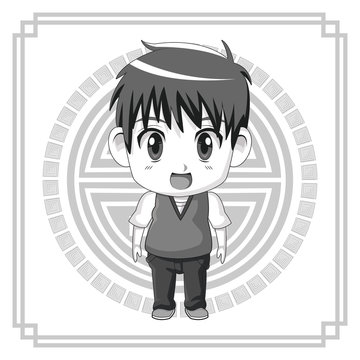 monochrome background japanese symbol with silhouette cute anime teennager expression surprise vector illustration