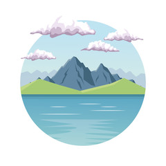 white background with daytime landscape in round frame with mountain valley and lake vector illustration