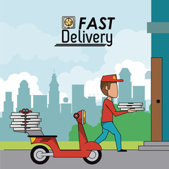 poster scene city landscape of man in red scooter delivering pizza to home vector illustration