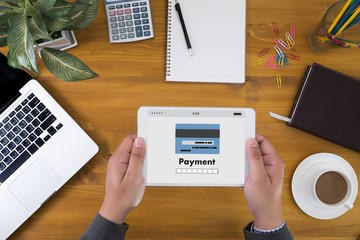 Fototapeta na wymiar Man using mobile payments online shopping m-banking Internet Global Marketing