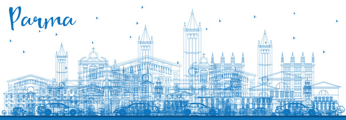 Outline Parma Skyline with Blue Buildings.