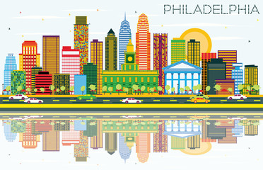 Philadelphia Skyline with Color Buildings, Blue Sky and Reflections.