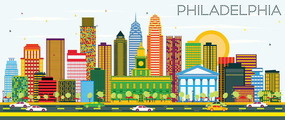 Philadelphia Skyline with Color Buildings and Blue Sky.