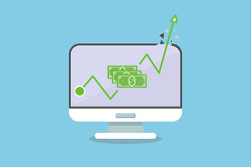 money graph computer. Green Growth up money from business with computer laptop pc mac. vector eps10 flat design for slide or advertising.