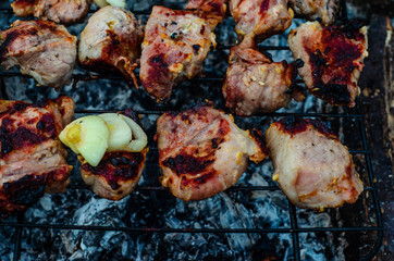 Meat prepared on a grill. Top view