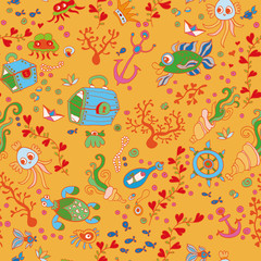 Doodle kids sea animals seamless vector pattern
