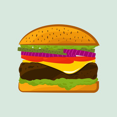 Vector illustration of hamburger with meat,cheese, lettuce, tomato and onion slices
