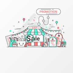Fototapeta na wymiar Promotion for sale concept. This set contains icon elements, coupon, discount label, online store, shop, shopping bag, credit card, search, price tag, special offers. Flat line style create by vector.