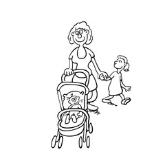 mothers parenting illustration. mothers push baby. . outlined cartoon handrawn sketch illustration vector.
