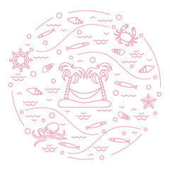 Cute vector illustration with octopus, fish, island with palm trees and a hammock, helm, waves, seashells, starfish, crab arranged in a circle.