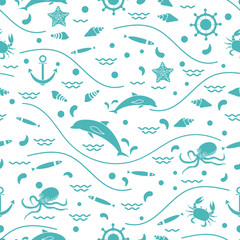 Cute seamless pattern with dolphins, octopus, fish, anchor, helm, waves, seashells, starfish, crab.