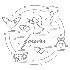 Cute vector illustration with different love symbols: hearts, air balloons, key, angel and other  arranged in a circle.