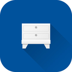 Bedside table icon. Vector. Flat design with long shadow. White nightstand symbol isolated on blue background. Furniture for bedroom.