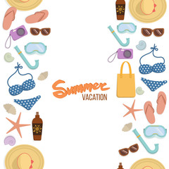 Set of accessories for a beach holiday as beach bag, hat, flip flops, swimsuit. Vertical seamless borders with summer vacation accessories. Vector