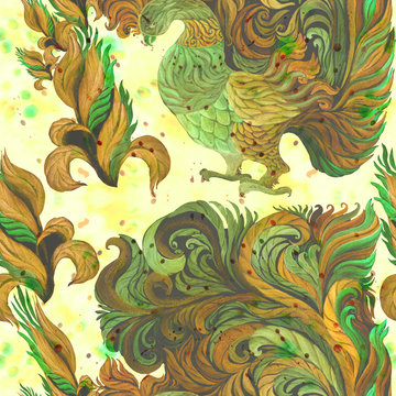 Decorative birds - watercolor. Wallpaper. East style. Seamless pattern.Abstract background image. Use printed materials, signs, items, websites, maps, posters, postcards, packaging.