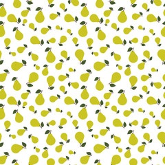 Pear fruits seamless pattern. Full and sliced fresh pears. Orange, green, yellow on beige background.