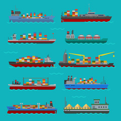 Cargo vessels and tankers shipping delivery bulk carrier train ferry freight industrial goods boat tankers isolated vector illustration