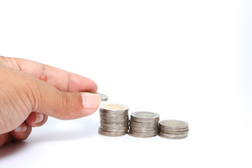 Isolated picture : Set up Coins pile with hand.